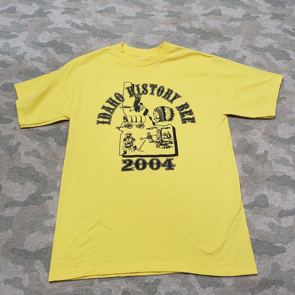 Vintage Hanes Shirt Mens Small Yellow Idaho History Heavyweight Short Sleeve